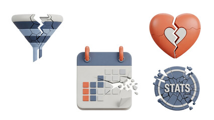 Abstract 3D Broken Icons Funnel Calendar Heart and Stats Symbol.