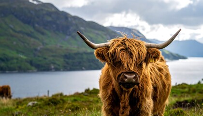 A Highland cow with long, shaggy fur and impressive horns stands before a lake and mountain range. Cloudy sky fills the background