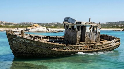 Abandoned shipwreck in turquoise water, remote island beach, sunny day