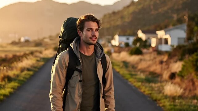若い西洋のバックパッカーが大きなリュックを背負い、旅先の静かな道を歩く。
柔らかな自然光に包まれ、開放的な風景の中で新しい冒険を感じるシーン。
人物はリラックスした表情で前を向き、旅や移動、ライフスタイルのテーマに適した映像。