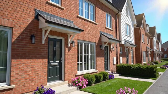Row of modern brick houses with flower beds