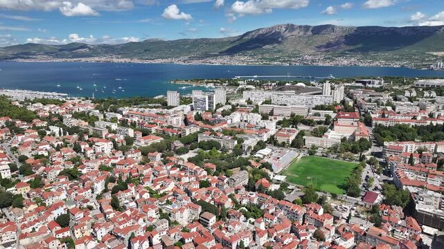 Drone footage of the old Hajduk Split football field, also known as Stari Plac, near the city center.