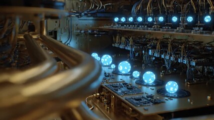 Advanced Quantum Computing System with Glowing Blue Orbs and Intricate Circuitry