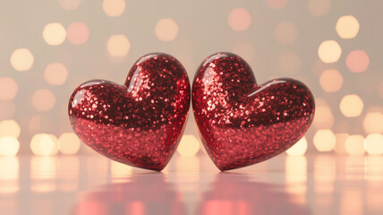Obraz premium Two shiny red hearts on a sparkling background with bokeh lights