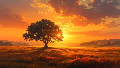 A majestic tree stands silhouetted against a radiant sunset. Fields of gold stretch into the distance, as clouds glow