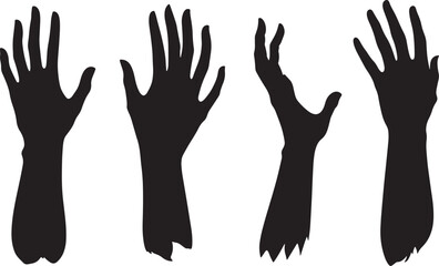 Fototapeta premium Black silhouette hands and arms raised in different gestures showing reach support and signal, minimal vector illustration with strong