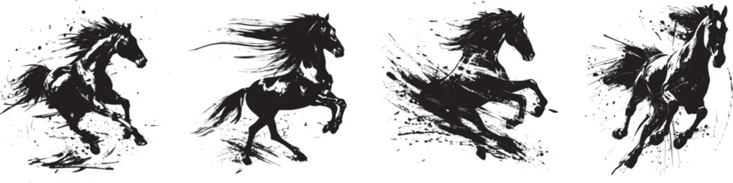 Black ink style galloping horse silhouettes in dynamic brush stroke vector illustration showing powerful running motion and flowing mane expressing freedom strength and wild energy 
