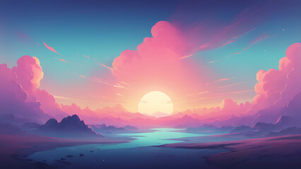 Beautiful vibrant sunrise illuminating pink cotton candy clouds above serene valley with turquoise river and mountains