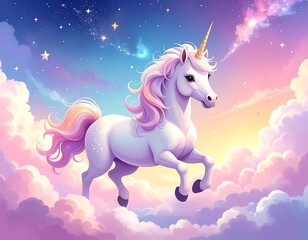 A majestic unicorn with flowing pink and white mane and tail gracefully floats among fluffy pastel clouds and shimmering stars