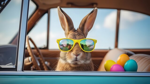 Easter sunday celebration with easter bunny wearing sunglasses in vintage car