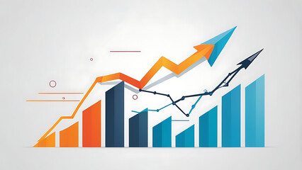 Abstract finance concept showing multi colored rising bar graph with two intersecting trend lines and arrow