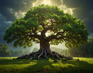 A majestic, verdant tree stands tall with sprawling roots, bathed in sunlight breaking through stormy skies, set in a meadow