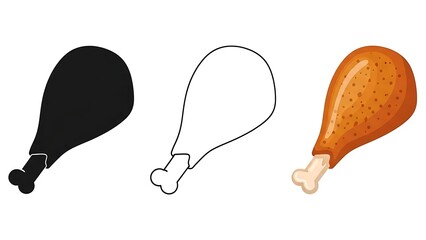 Three vector illustrations of a chicken drumstick solid, outline, and realistic color