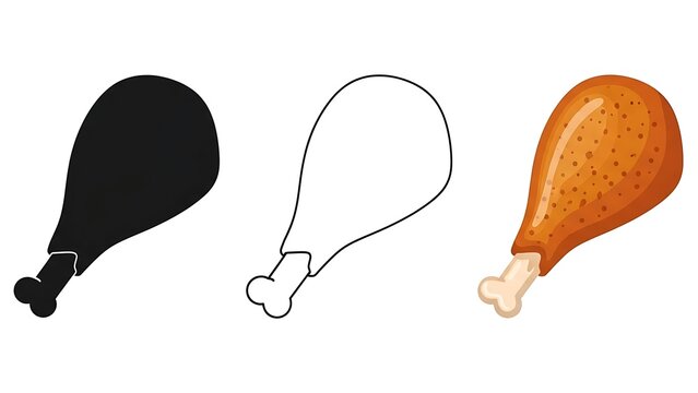 Three vector illustrations of a chicken drumstick solid, outline, and realistic color
