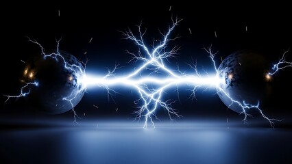 Two metallic spheres connected by a brilliant blue lightning bolt, set against a dark background