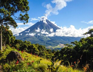 A majestic volcano, surrounded by lush green foliage and clouds, under a bright blue sky, with smoke rising
