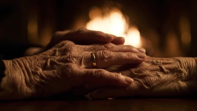 Elderly hands gently intertwined, illuminated by the comforting, blurred glow of a distant fireplace, beautifully symbolizing enduring love, deep connection, and a lifetime of shared cherished moments