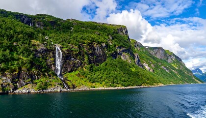 A majestic waterfall cascades down a lush, green mountain, meeting dark, deep waters. Blue skies and clouds frame the dramatic scenery