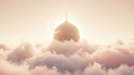 Golden dome with crescent moon in fluffy clouds, perfect for backgrounds, religious themes, fantasy illustrations, or spiritual concepts.