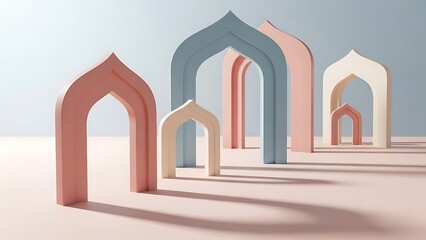 Fototapeta premium Pastel arched shapes create minimalist design with depth perspective. Perfect for abstract backgrounds, posters, or social media graphics.
