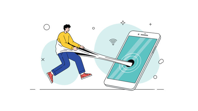Man being pulled into a large smartphone, illustrating the concept of social media addiction and digital dependency.