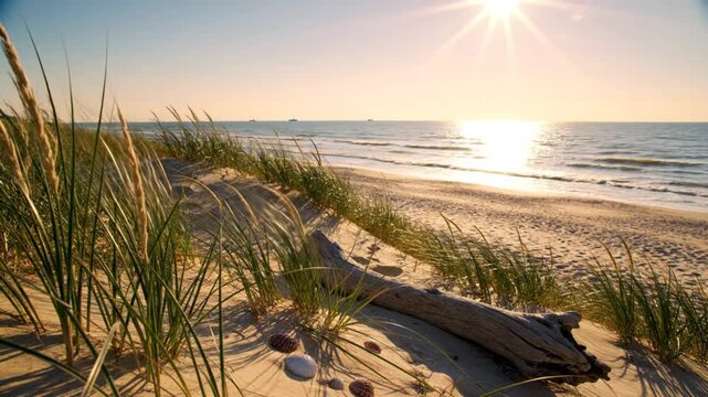 Tranquil beach scene at sunset with sand dunes, sea grass, driftwood and seashells creating a peaceful seaside landscape