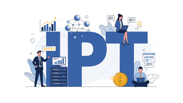 Business concept for HPT, High-Performance Team, with miniature people working with servers, charts, and financial elements.