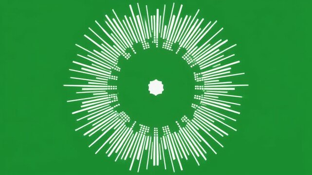 A vibrant green background features a dynamic circular pattern of white radiating lines, creating an abstract and energetic visual effect.