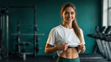 Smiling Young Woman Lifting T-Shirt in Gym Showing Abs