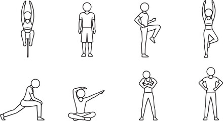 Stick figures in various yoga poses and casual stances