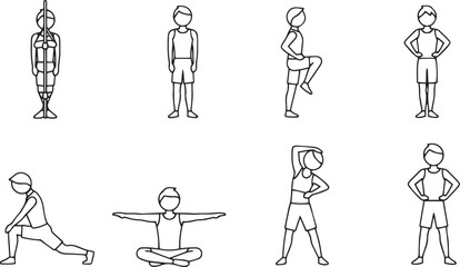 Stick figures in various exercise poses people stretching