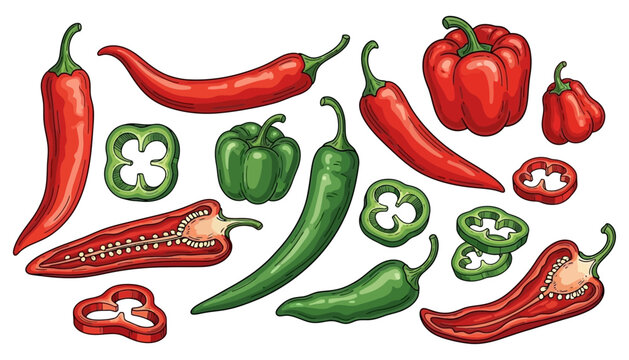 Assortment of red and green chili peppers and bell peppers displayed whole sliced cross section and as individual rings in a vibrant hand drawn style hot pepper vegetable spice food