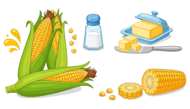 A vibrant illustration featuring several ears of sweet corn with green husks alongside a salt shaker butter pats in a dish with a knife and corn kernels maize vegetable food ingredients