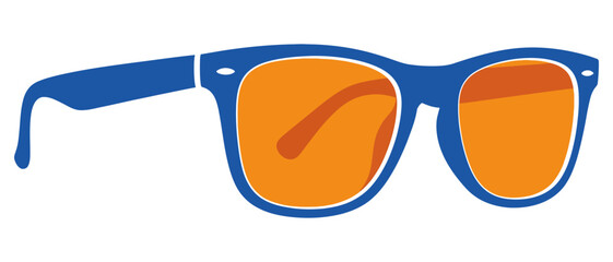Stylish blue framed sunglasses featuring bright orange tinted lenses depicted as a simple graphic illustration object for summer wear eyewear fashion accessory protection eye style