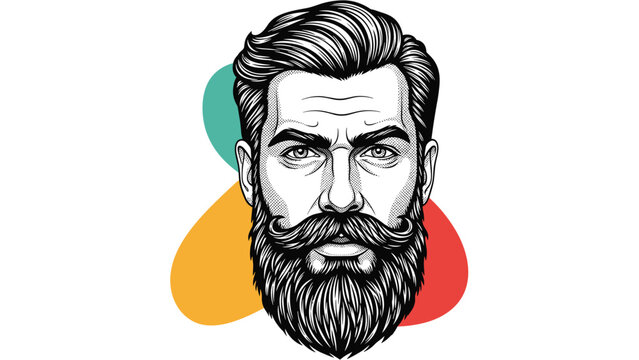Hand-drawn sketch-style portrait of a handsome man with a beard, mustache, and stylish hair against a colorful abstract background.