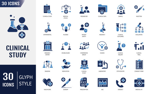Clinical Study icon set. Research, clinical trial, laboratory, researcher, consent form, medication, experimental, analysis, clinical data and more. Vector illustration