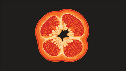 Cross-section of a red bell pepper showing the inner structure with seeds, illustrated in a detailed vector style on a black background.