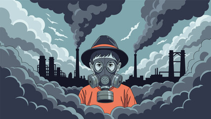 Pixel art illustration of a young boy in a hat and gas mask surrounded by thick smoke from industrial factory pollution.