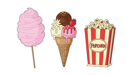 Collection of sweet carnival or movie theater snacks, including pink cotton candy, a triple-scoop ice cream cone, and a box of popcorn.