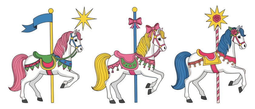 Three charming white carousel horses with colorful manes and decorative saddles are displayed in a row each attached to a vertical ride pole merry go round amusement park ride carnival attraction