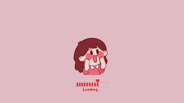Adorable chibi girl patiently waiting with a heart-filled loading bar on a soft pink background, symbolizing sweet anticipation and digital progress