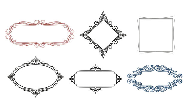 Collection of six ornate decorative scrollwork frames and borders in various classic shapes including rectangular oval and diamond layouts ornamental vintage flourish emblem label elegant