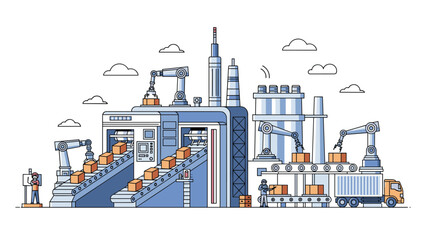 Obraz premium Modern factory with automated production lines, robotic arms, and conveyor belts moving boxes for manufacturing and shipping.