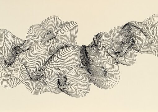 Black ink art depicting fluid, undulating forms. Lines create wavy, textured, abstract patterns