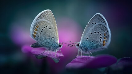 Two delicate butterflies with intricate patterns touch antennae on vibrant purple petals in a macro nature scene