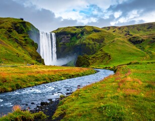 A majestic waterfall cascades down a rocky cliffside, surrounded by lush green hills and a meandering river under a cloudy sky
