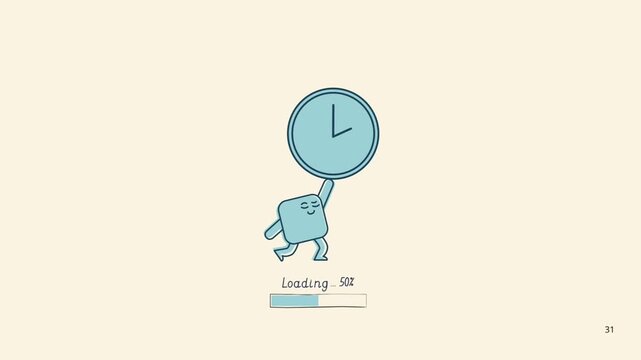 Charming square character carries a large clock, symbolizing waiting and loading progress on a digital interface