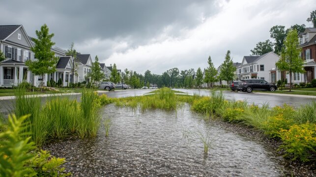 Residential Bio-retention Swale Capturing Stormwater Runoff During Rainy Weather