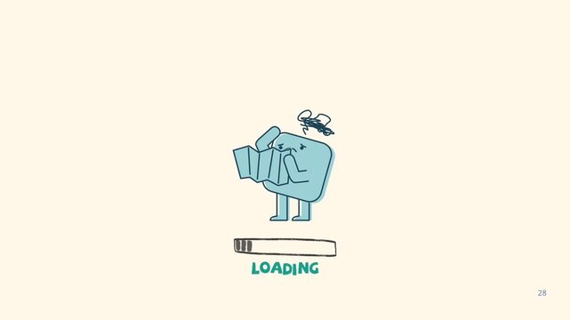 Creative illustration of a blue character playing an accordion with a loading bar underneath
