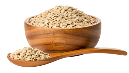 A wooden bowl and spoon filled with oatmeal isolated on transparent background